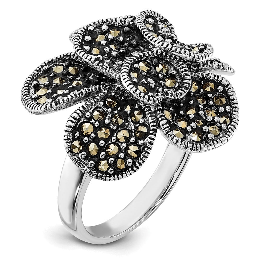 Sterling Silver Polished & Antiqued Marcasite Flower Ring