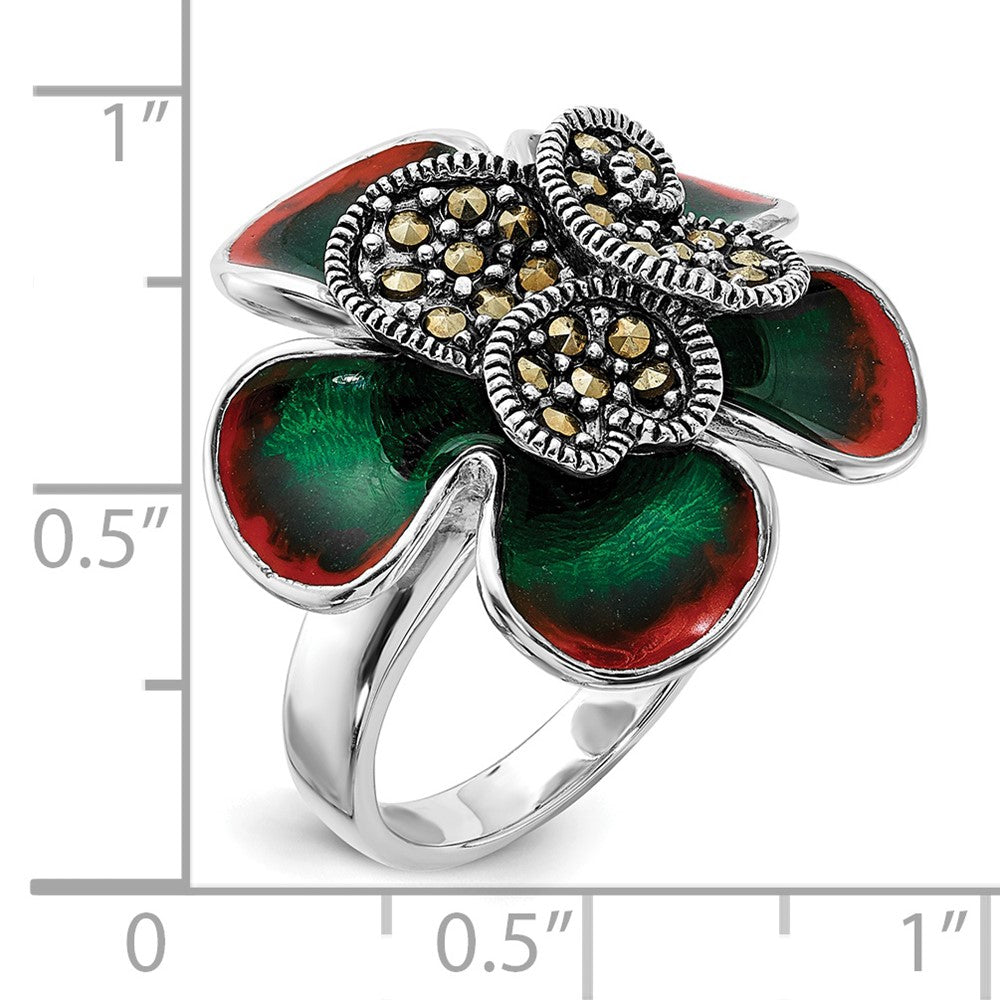 Sterling Silver Polished & Antiqued Marcasite & Enamel Flower Ring