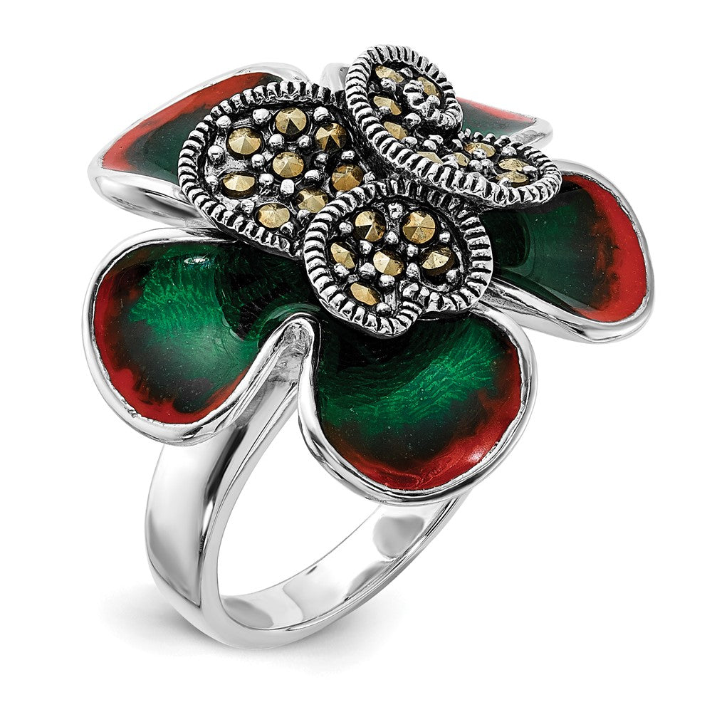 Sterling Silver Polished & Antiqued Marcasite & Enamel Flower Ring