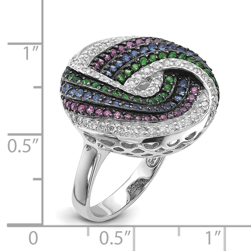 Sterling Silver Black Rhodium Blue/Green Glass Synth. Ruby & CZ Ring