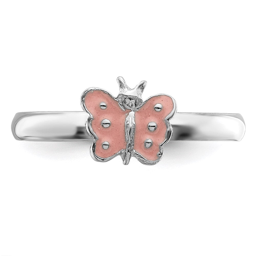 Sterling Silver RH-plated Polished Pink Enameled Butterfly Children's Ring