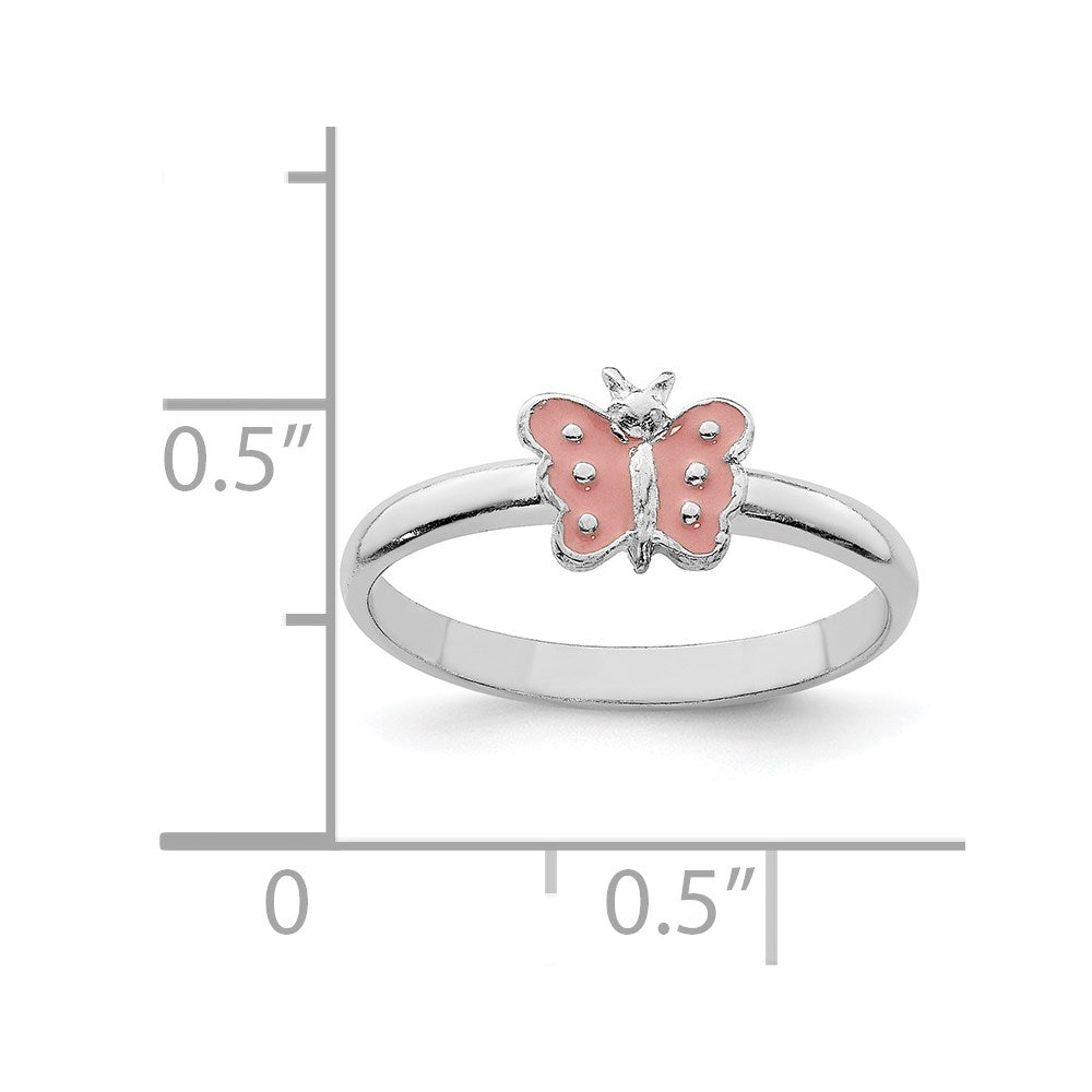 Sterling Silver RH-plated Polished Pink Enameled Butterfly Children's Ring