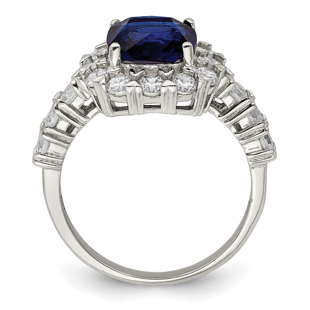 Sterling Silver Rhodium-plated Polished Blue Glass and CZ Ring