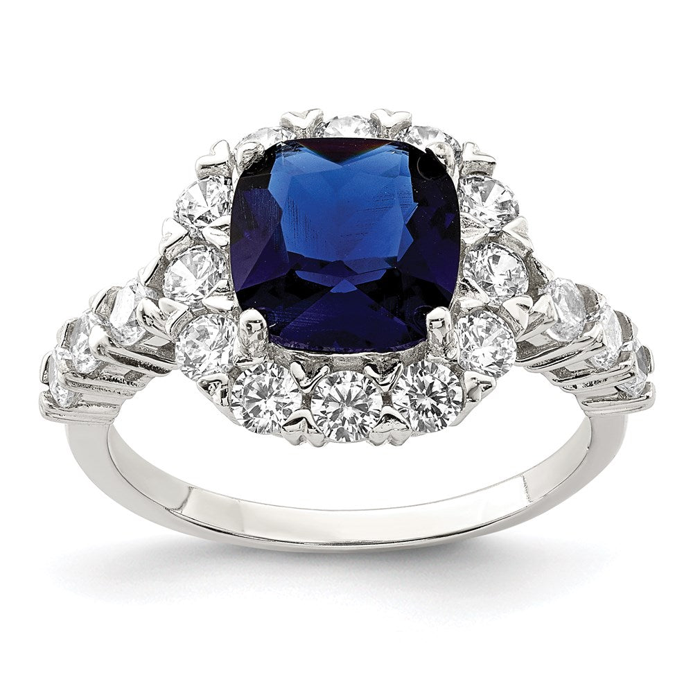 Sterling Silver Rhodium-plated Polished Blue Glass and CZ Ring