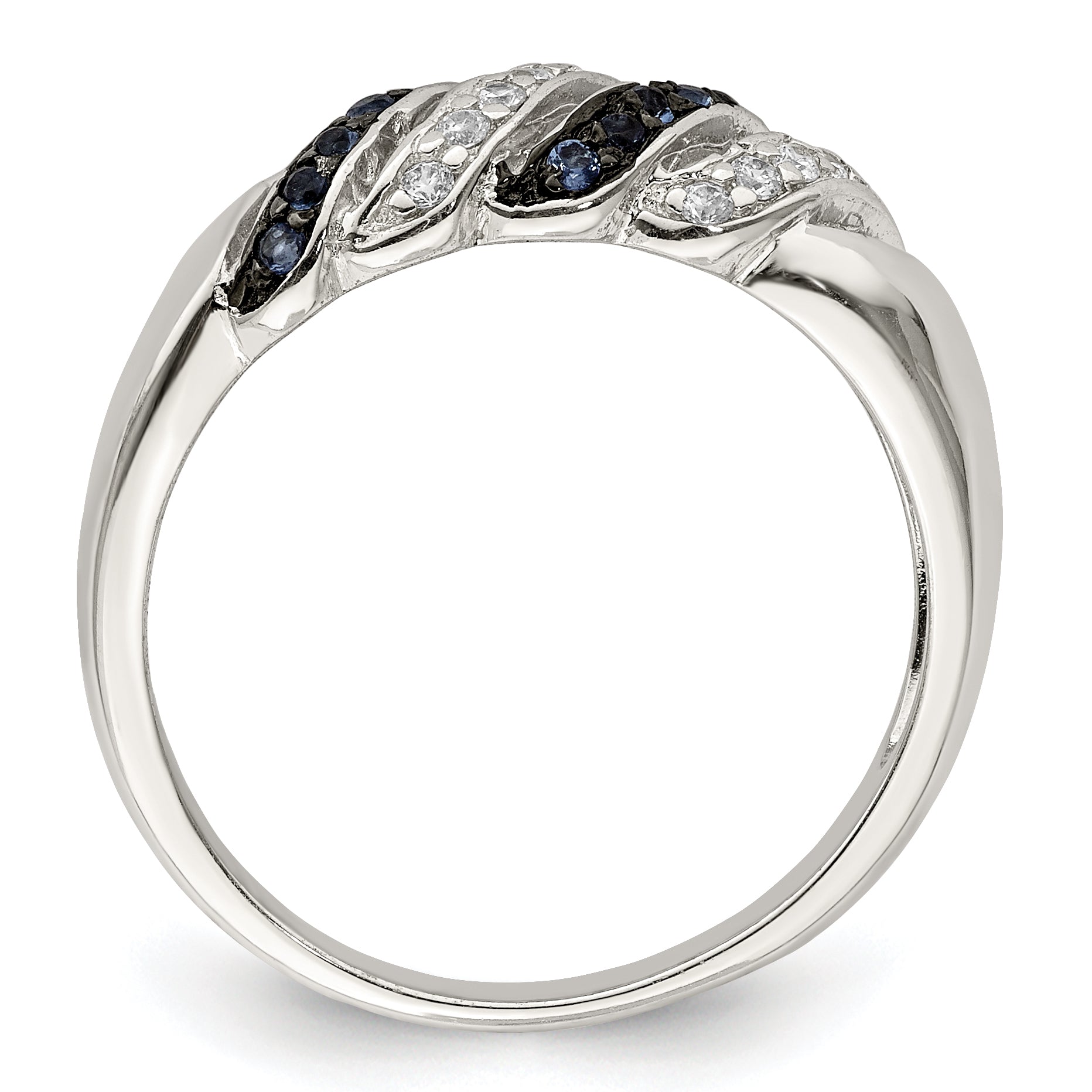 Sterling Silver Polished CZ & Blue Glass Stone Ring