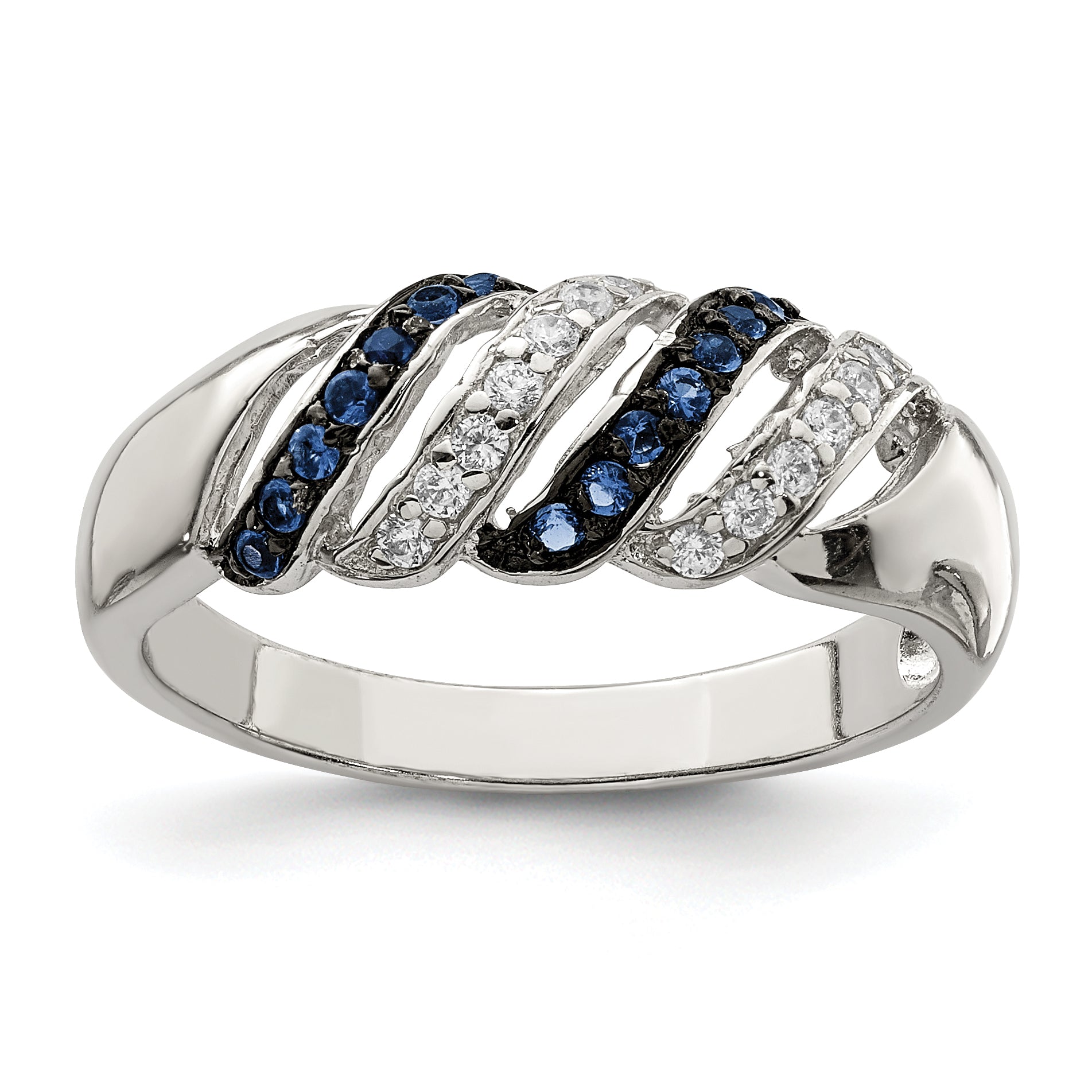 Sterling Silver Polished CZ & Blue Glass Stone Ring