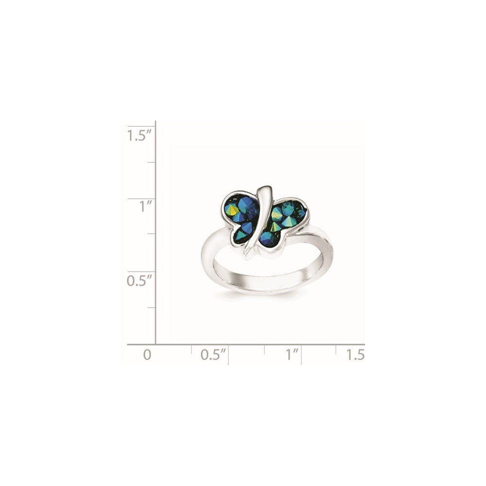 Sterling Silver Rhodium-plated Blue Crystal Butterfly Ring