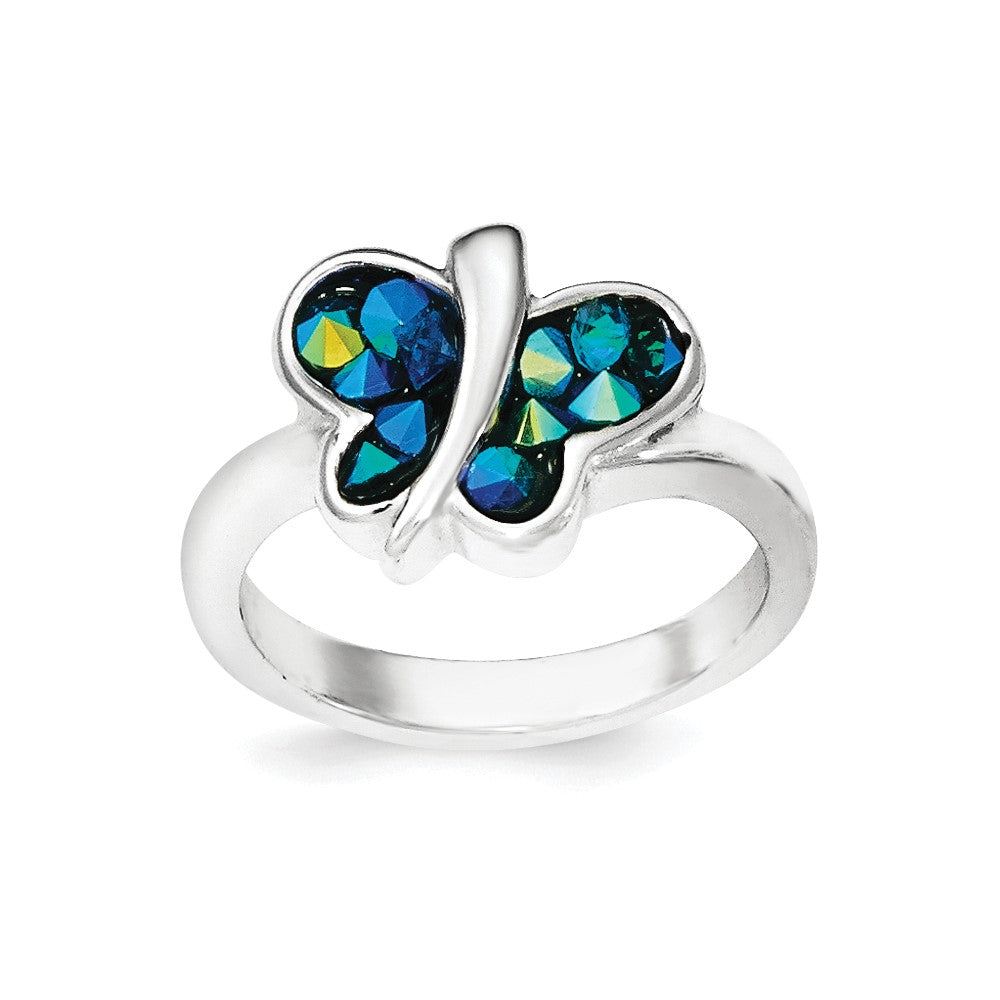 Sterling Silver Rhodium-plated Blue Crystal Butterfly Ring