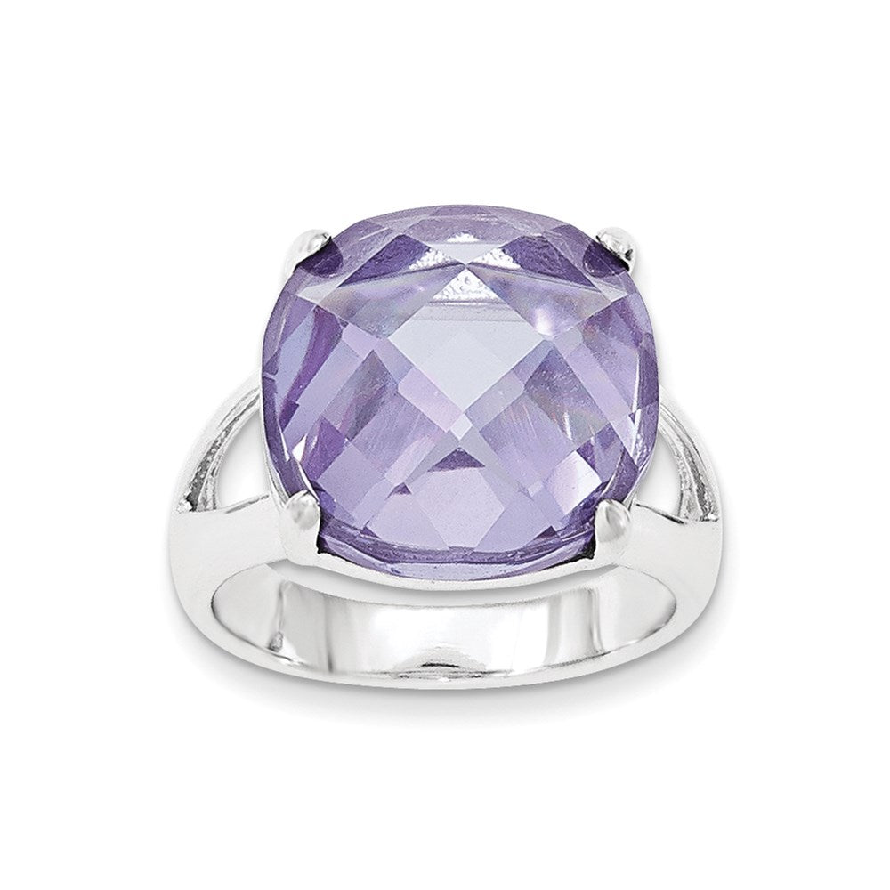 Sterling Silver Lavender CZ Checkerboard-cut Cushion Ring