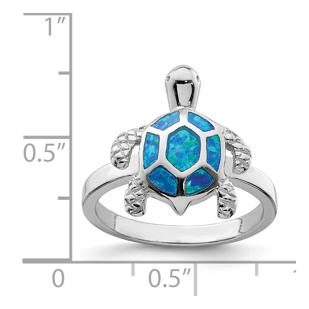 Sterling Silver Rhodium-plated Created Blue Opal Turtle Ring