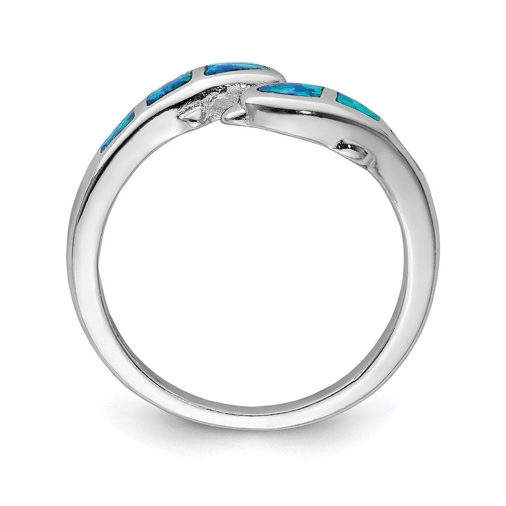 Sterling Silver Rhodium-plated Created Blue Opal Dolphins Ring