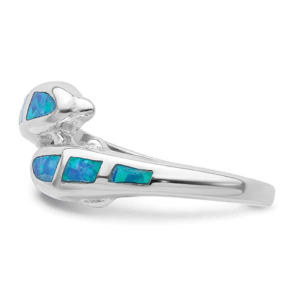 Sterling Silver Rhodium-plated Created Blue Opal Dolphins Ring