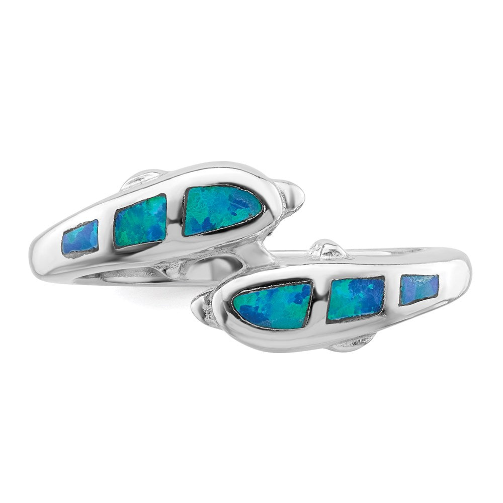 Sterling Silver Rhodium-plated Created Blue Opal Dolphins Ring