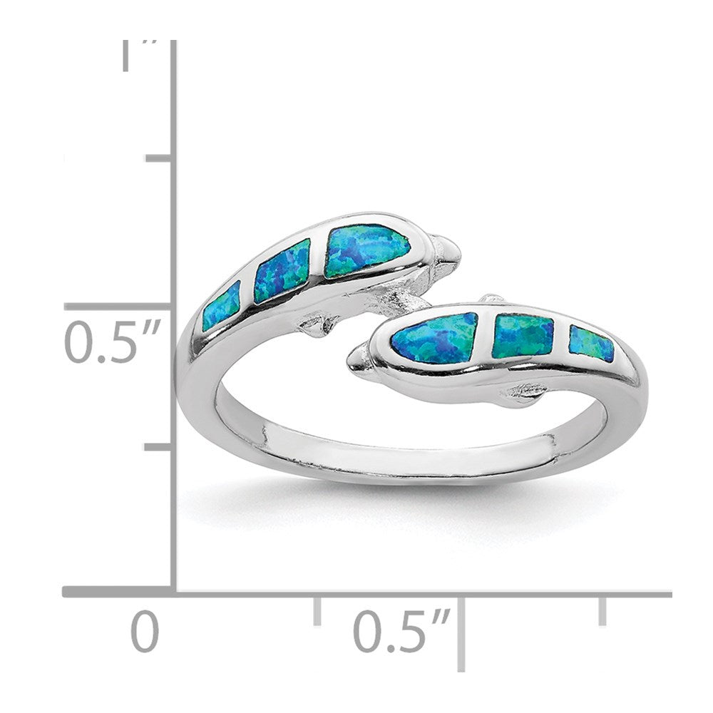 Sterling Silver Rhodium-plated Created Blue Opal Dolphins Ring