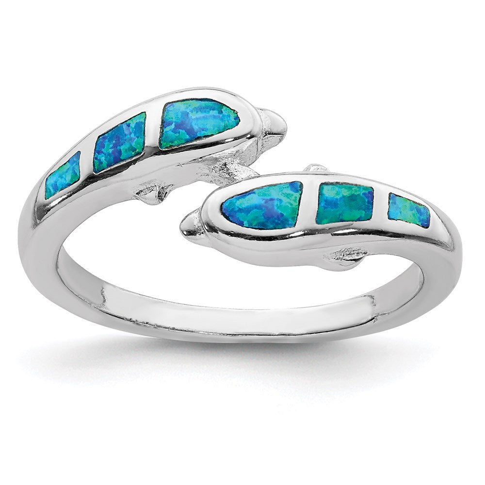 Sterling Silver Rhodium-plated Created Blue Opal Dolphins Ring