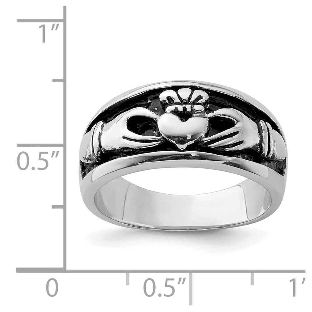 Sterling Silver Rhodium-plated Antiqued Claddagh Ring