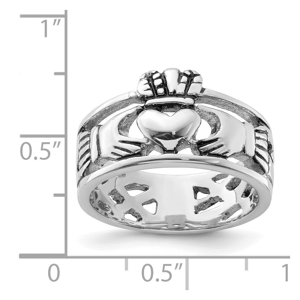 Sterling Silver Rhodium-plated and Antiqued Claddagh Ring