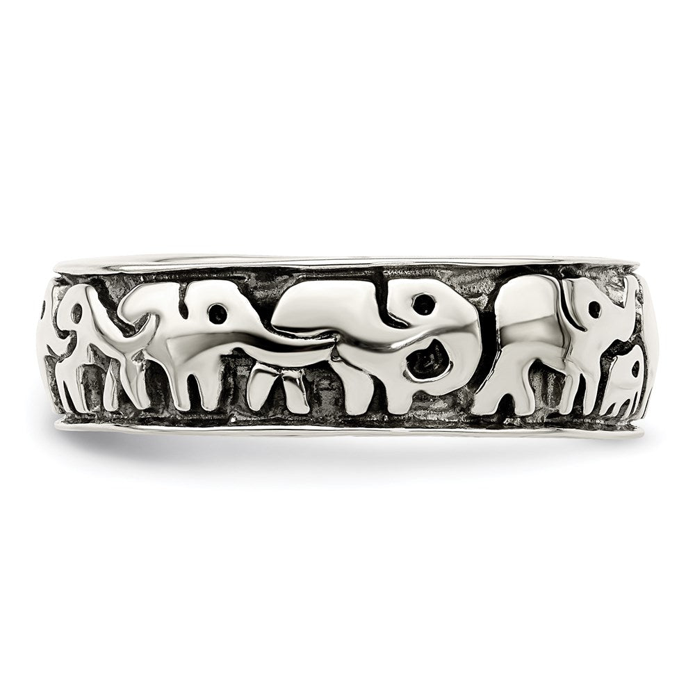 Sterling Silver Polished and Antiqued Elephants Ring