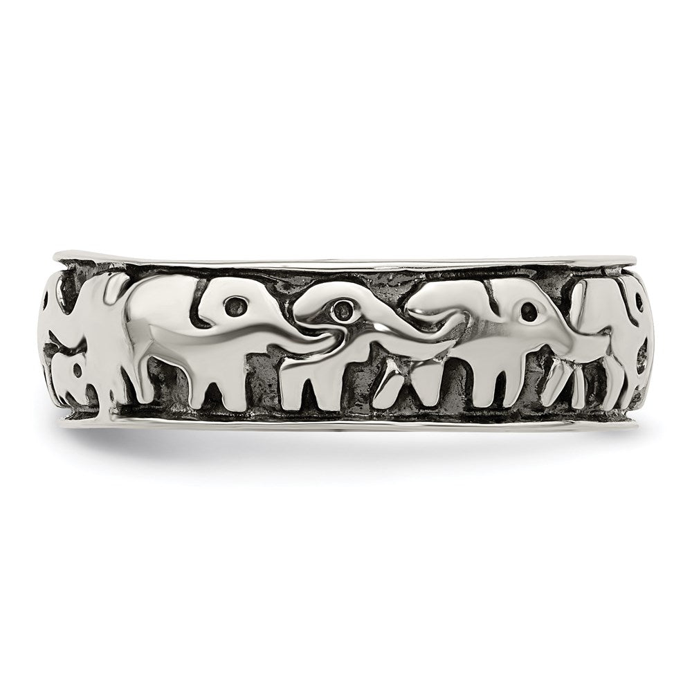 Sterling Silver Polished and Antiqued Elephants Ring