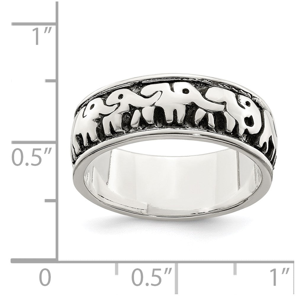 Sterling Silver Polished and Antiqued Elephants Ring