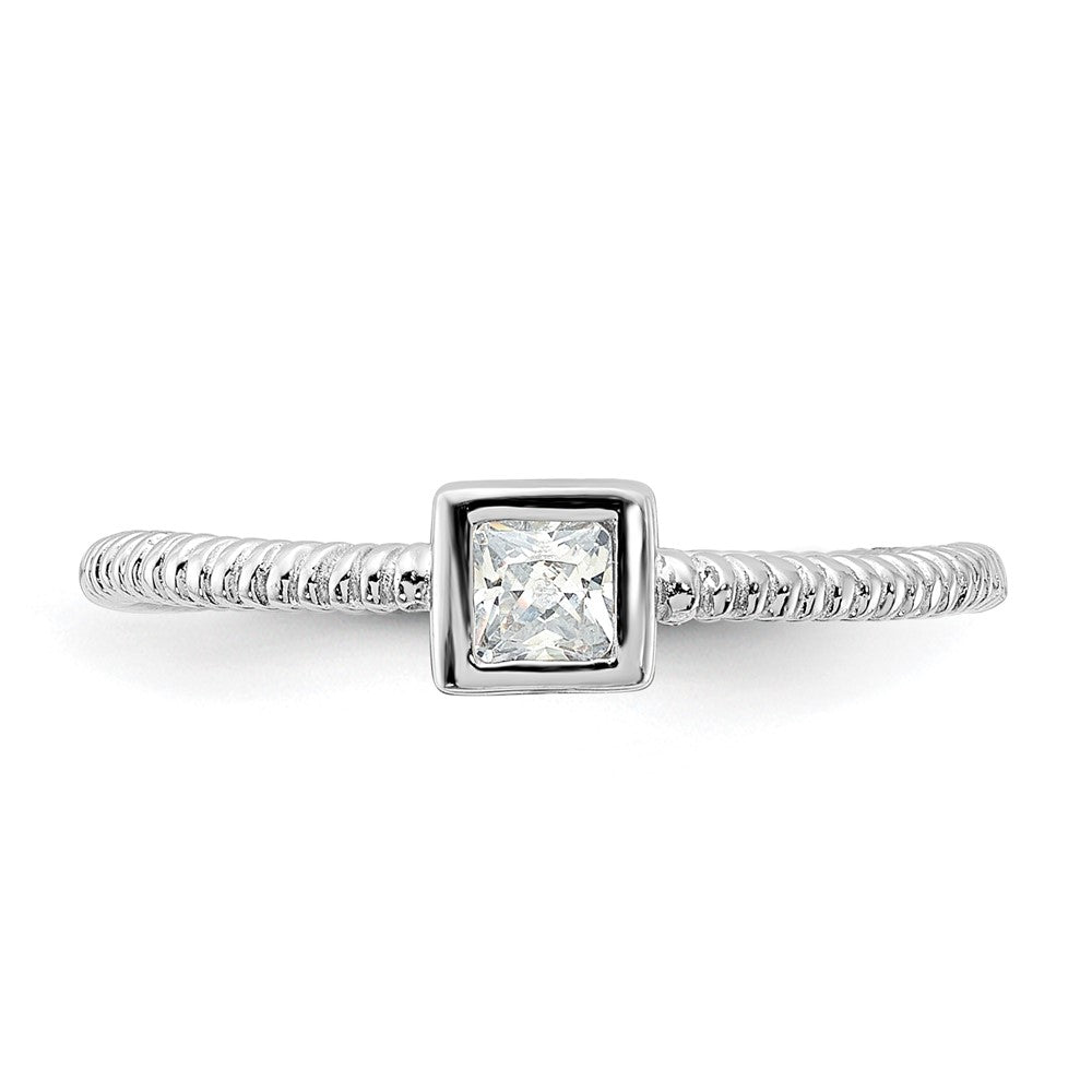 Sterling Silver Rhodium-plated Polished & Textured CZ Square Ring