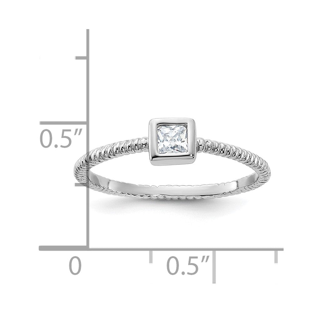 Sterling Silver Rhodium-plated Polished & Textured CZ Square Ring