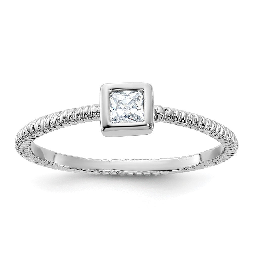 Sterling Silver Rhodium-plated Polished & Textured CZ Square Ring