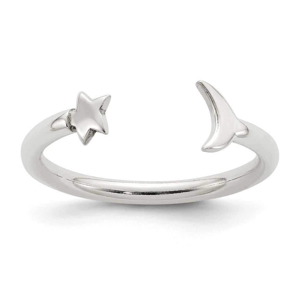 Sterling Silver Polished Half Moon and Star Adjustable Ring