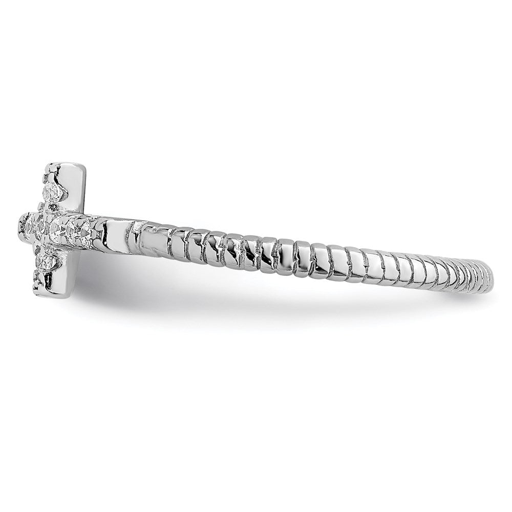 Sterling Silver Rhodium-plated Polished & Textured CZ Cross Ring