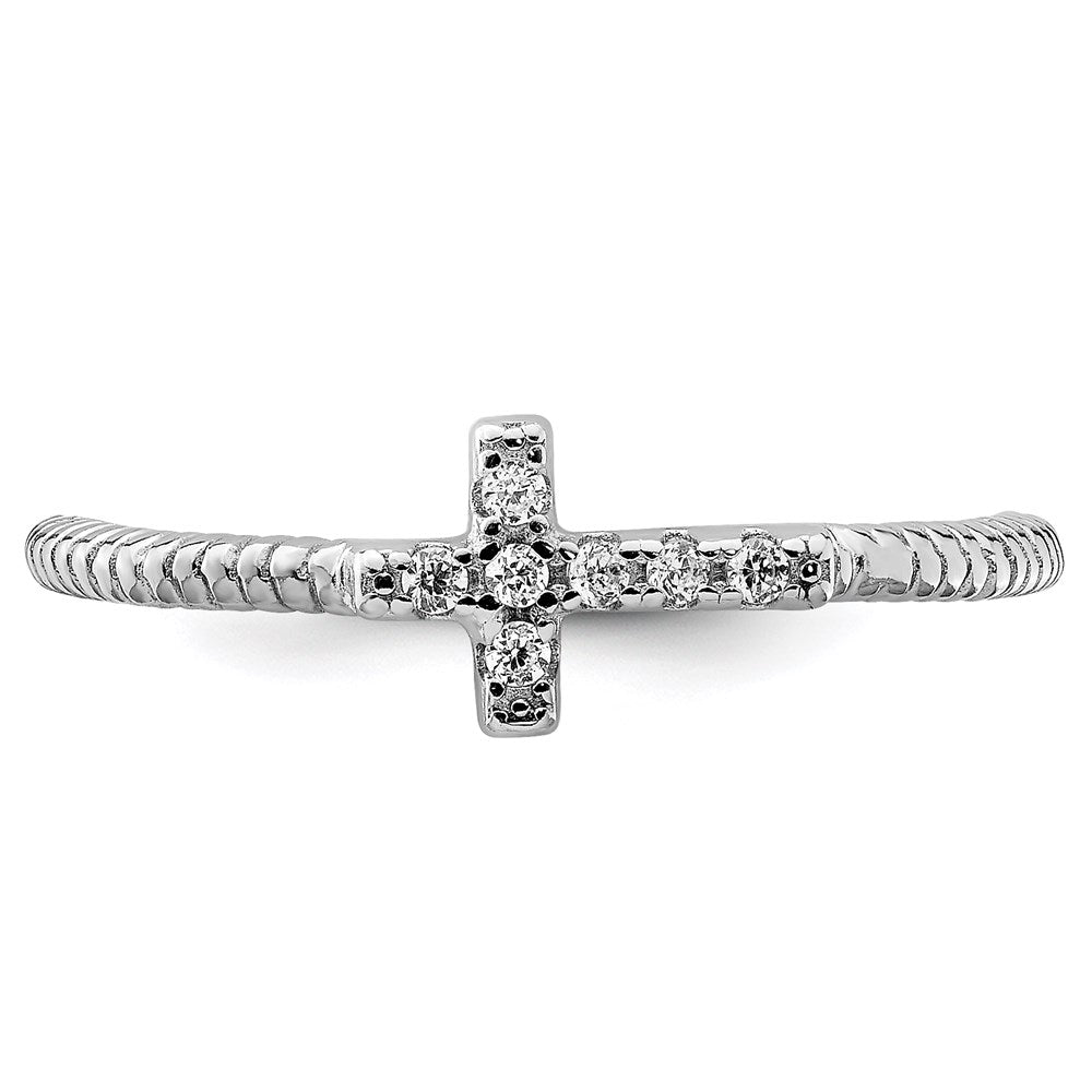 Sterling Silver Rhodium-plated Polished & Textured CZ Cross Ring