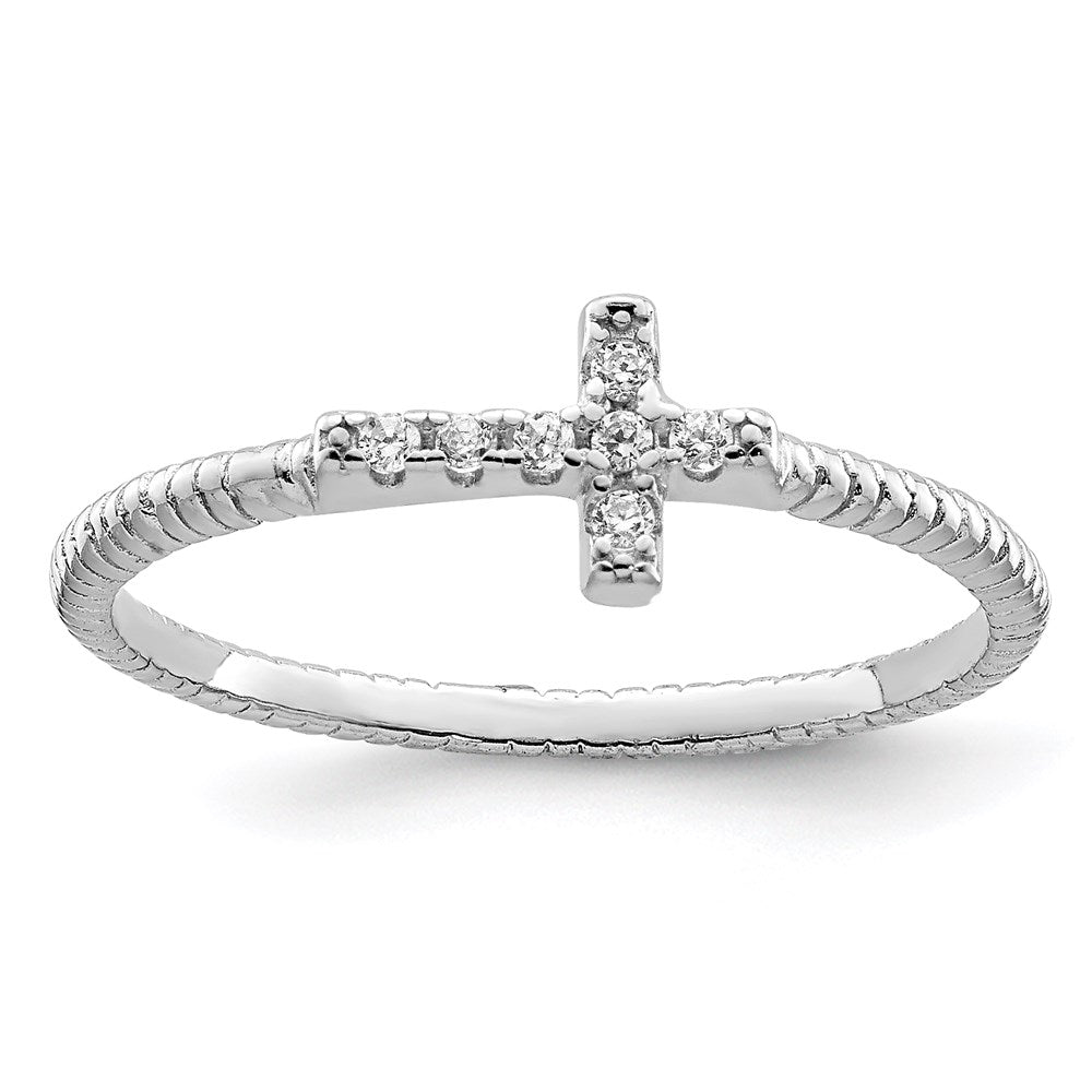 Sterling Silver Rhodium-plated Polished & Textured CZ Cross Ring