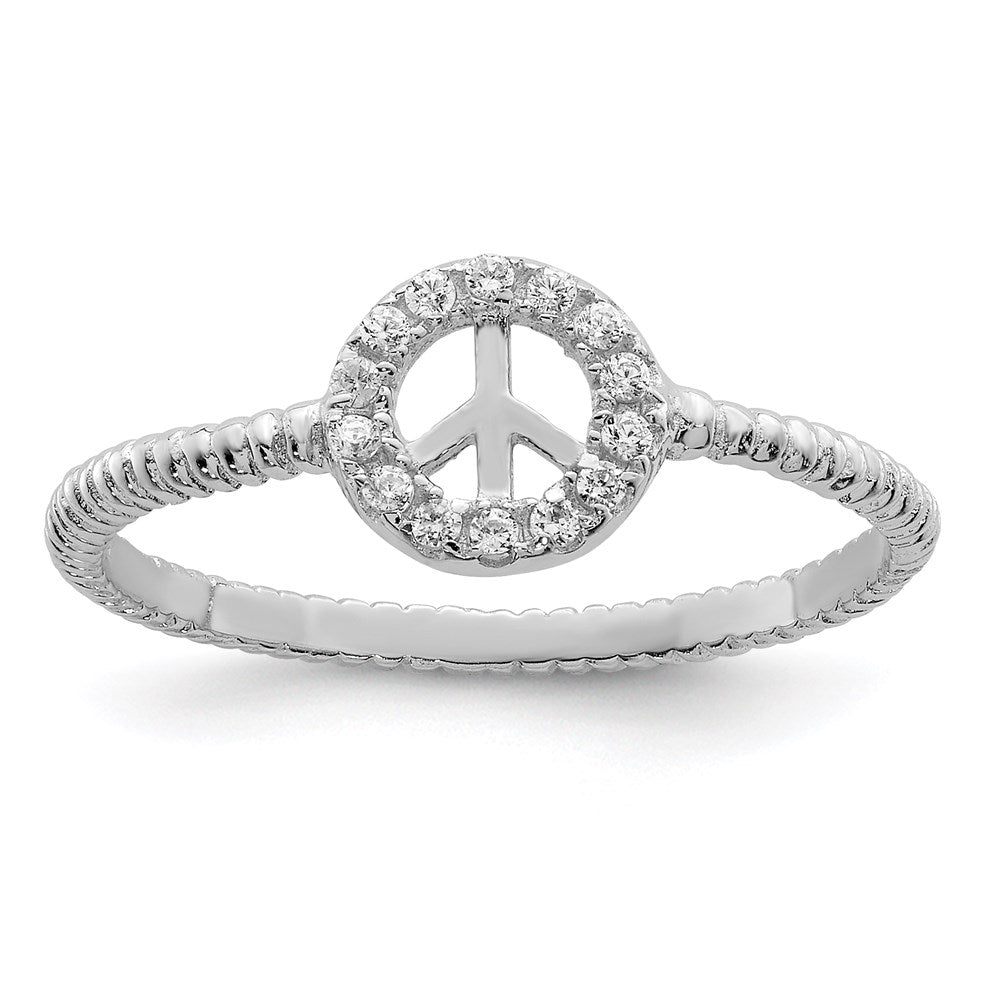 Sterling Silver Rhodium-plated Polished & Textured CZ Peace Ring