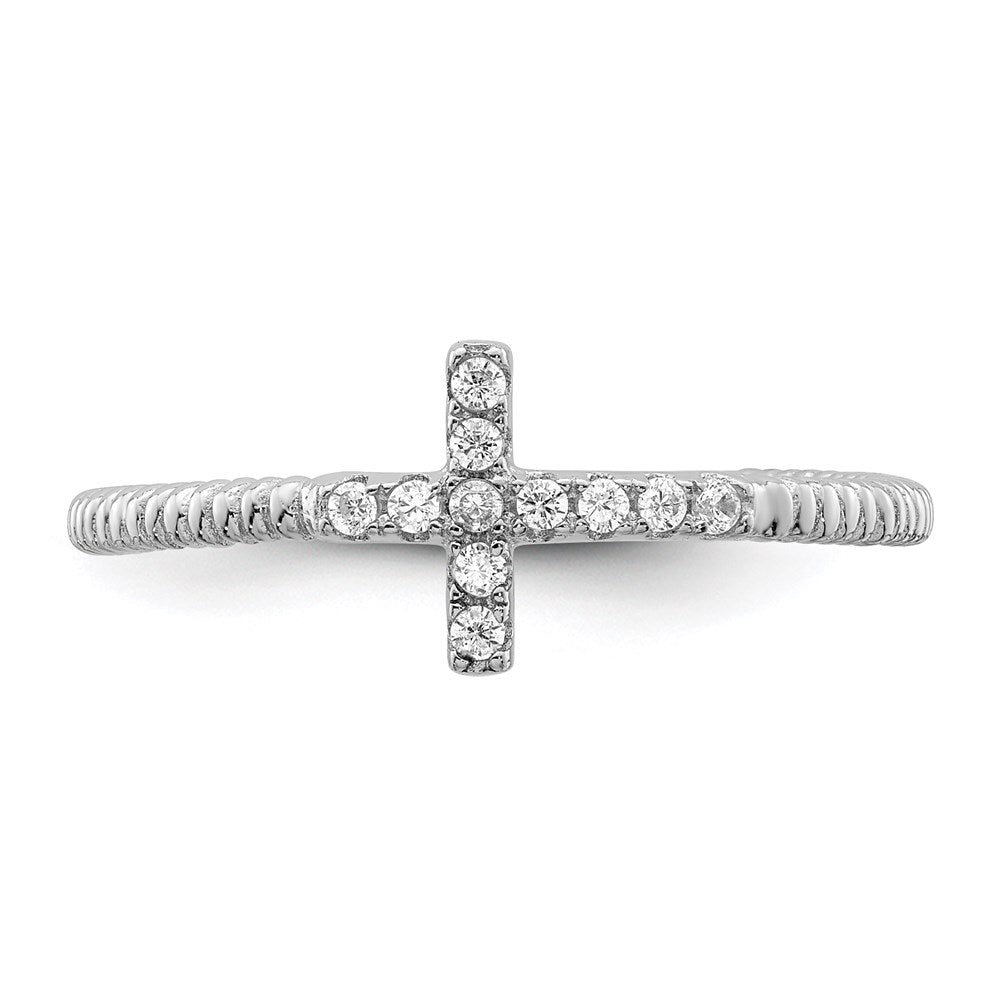 Sterling Silver Rhodium-plated Polished & Textured CZ Cross Ring