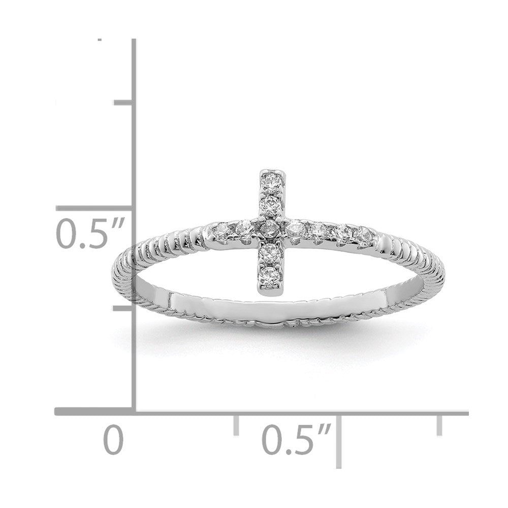 Sterling Silver Rhodium-plated Polished & Textured CZ Cross Ring