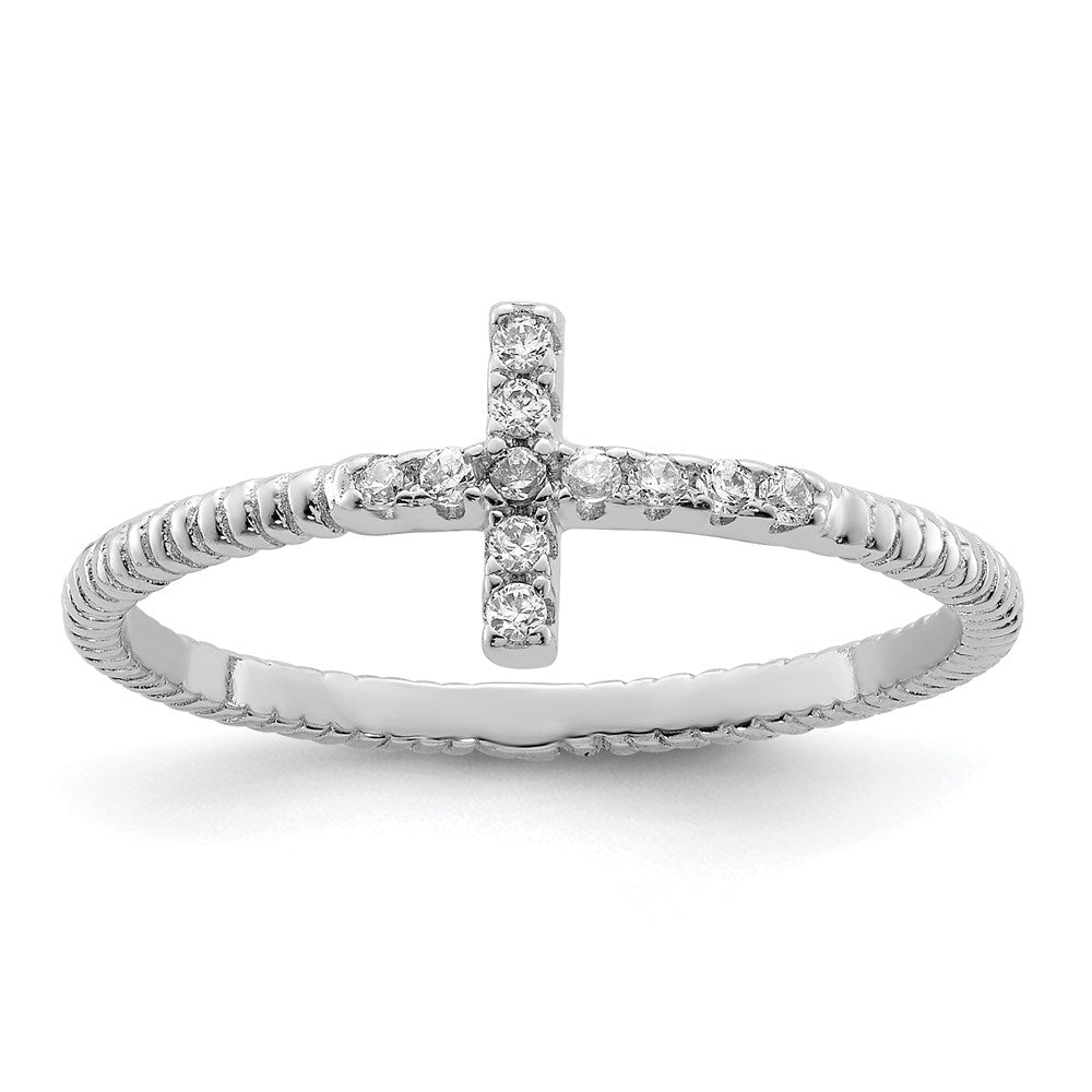 Sterling Silver Rhodium-plated Polished & Textured CZ Cross Ring