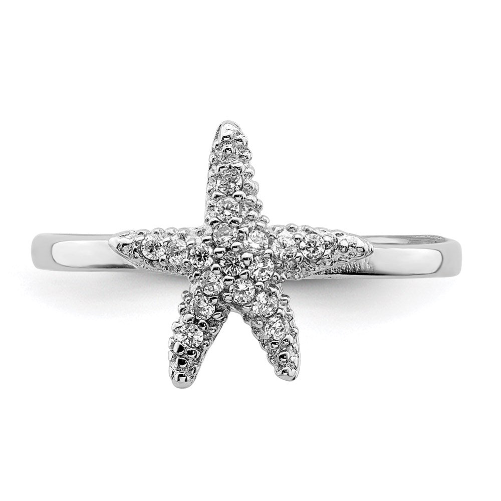 Sterling Silver Rhodium-plated Polished CZ Starfish Ring