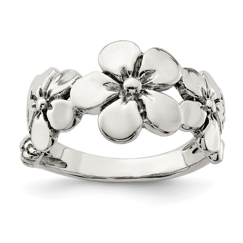 Sterling Silver Polished/Antiqued Flower Ring