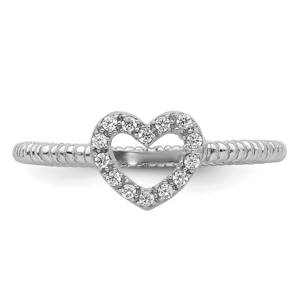 Sterling Silver Rhodium-plated Polished & Textured CZ Heart Ring