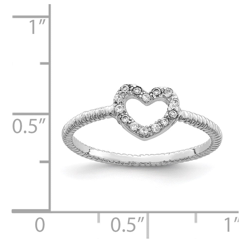 Sterling Silver Rhodium-plated Polished & Textured CZ Heart Ring