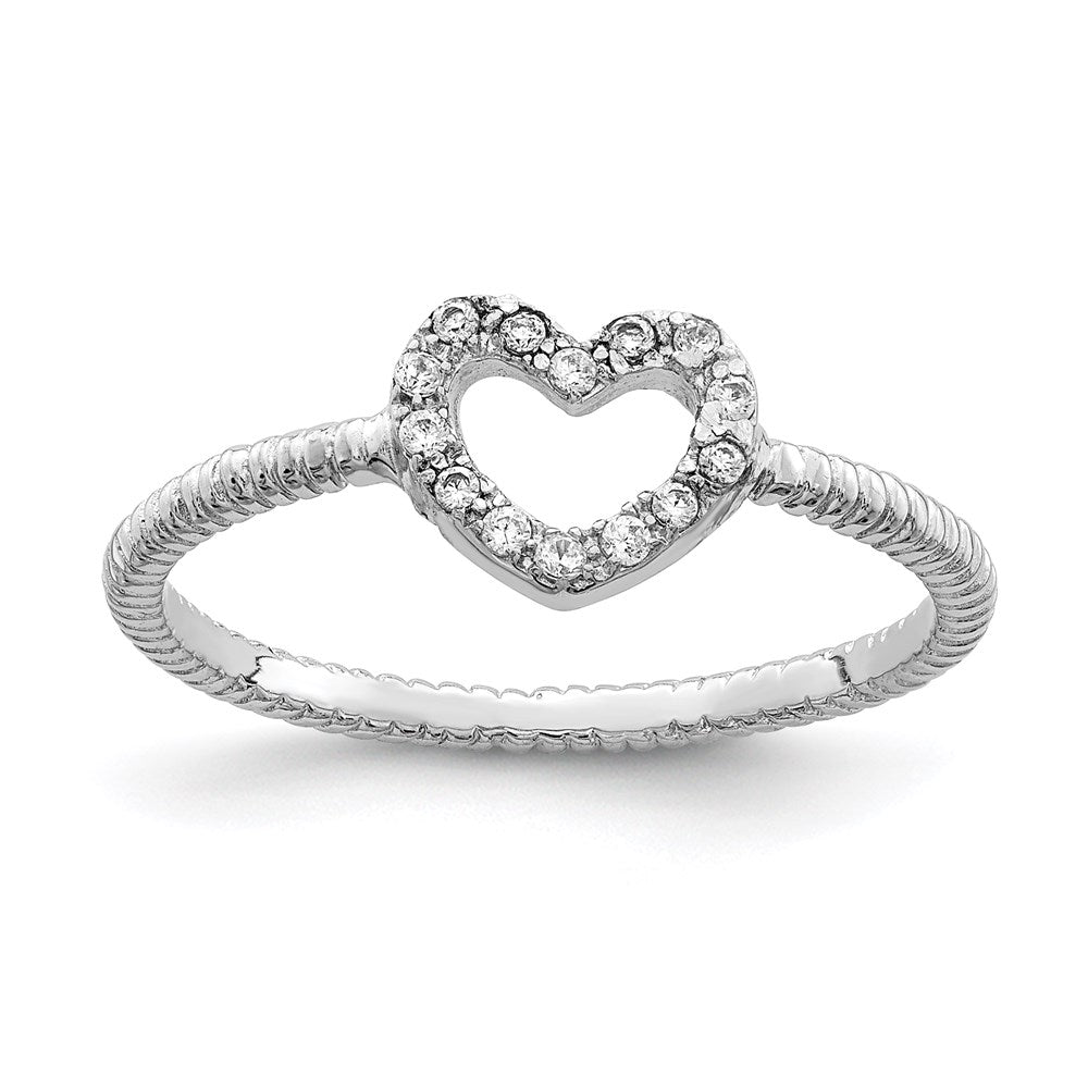 Sterling Silver Rhodium-plated Polished & Textured CZ Heart Ring