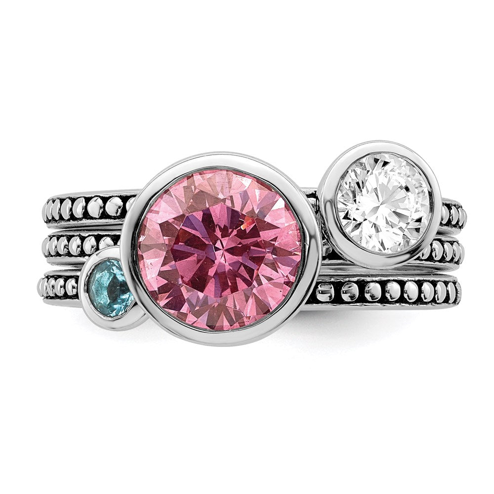 Sterling Silver Rhodium-plated w/Pink & White CZ and Blue Glass Ring Set