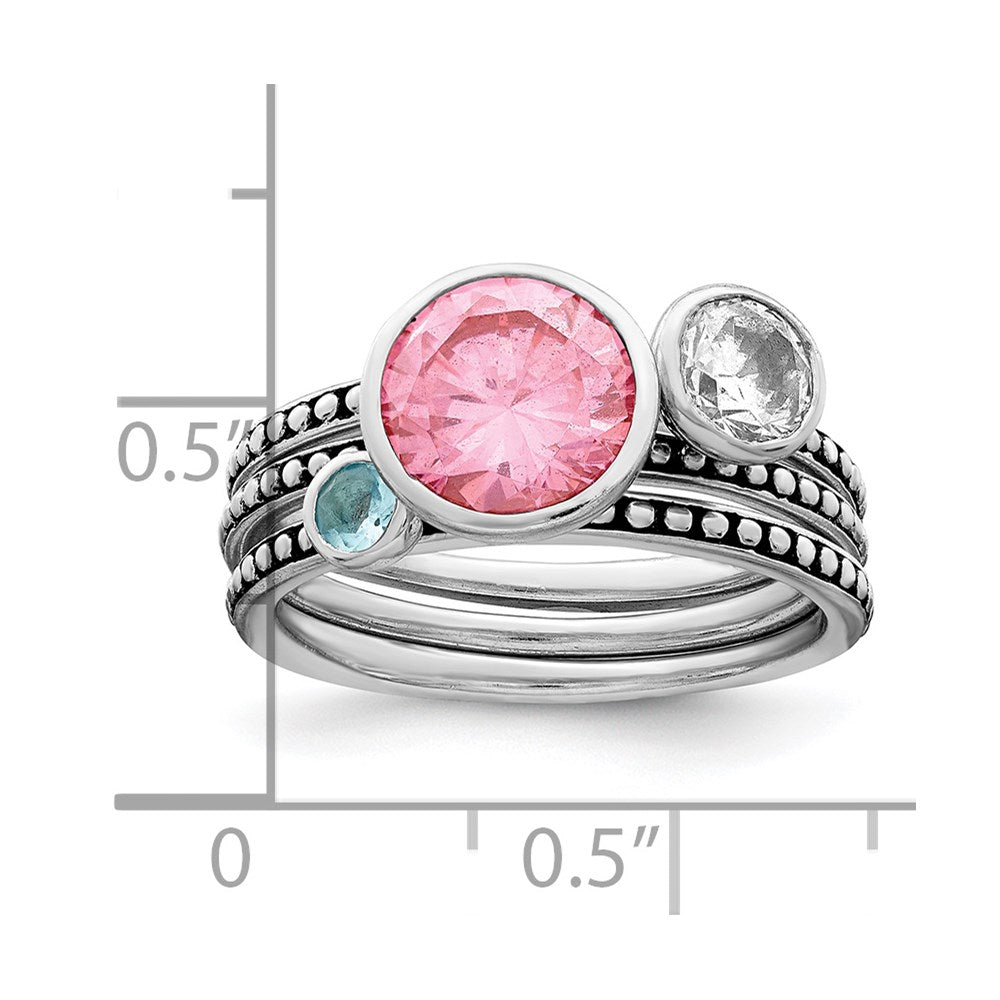 Sterling Silver Rhodium-plated w/Pink & White CZ and Blue Glass Ring Set