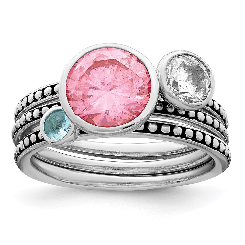 Sterling Silver Rhodium-plated w/Pink & White CZ and Blue Glass Ring Set