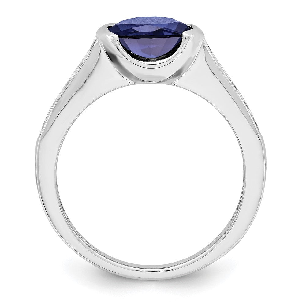 Sterling Silver Rhodium-plated Synthetic Blue Sapphire and CZ Bezel Ring