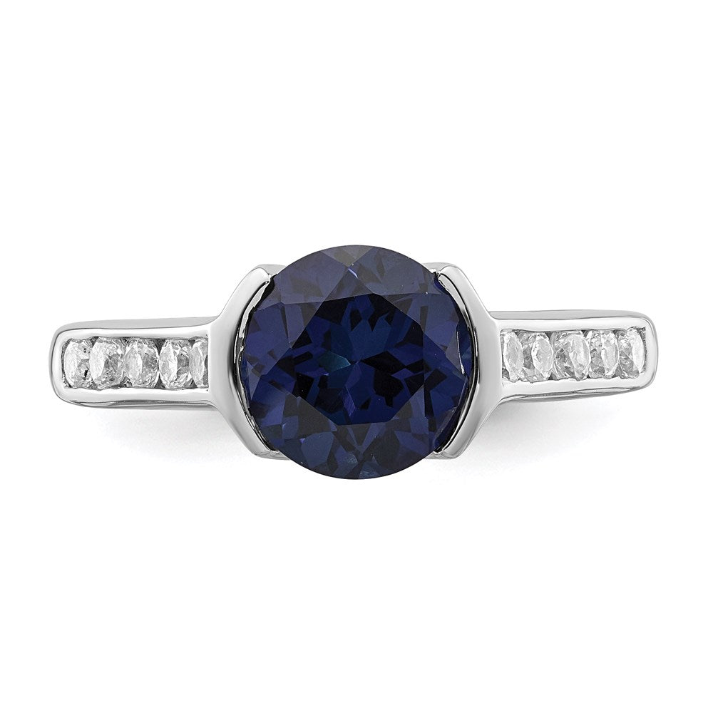 Sterling Silver Rhodium-plated Synthetic Blue Sapphire and CZ Bezel Ring