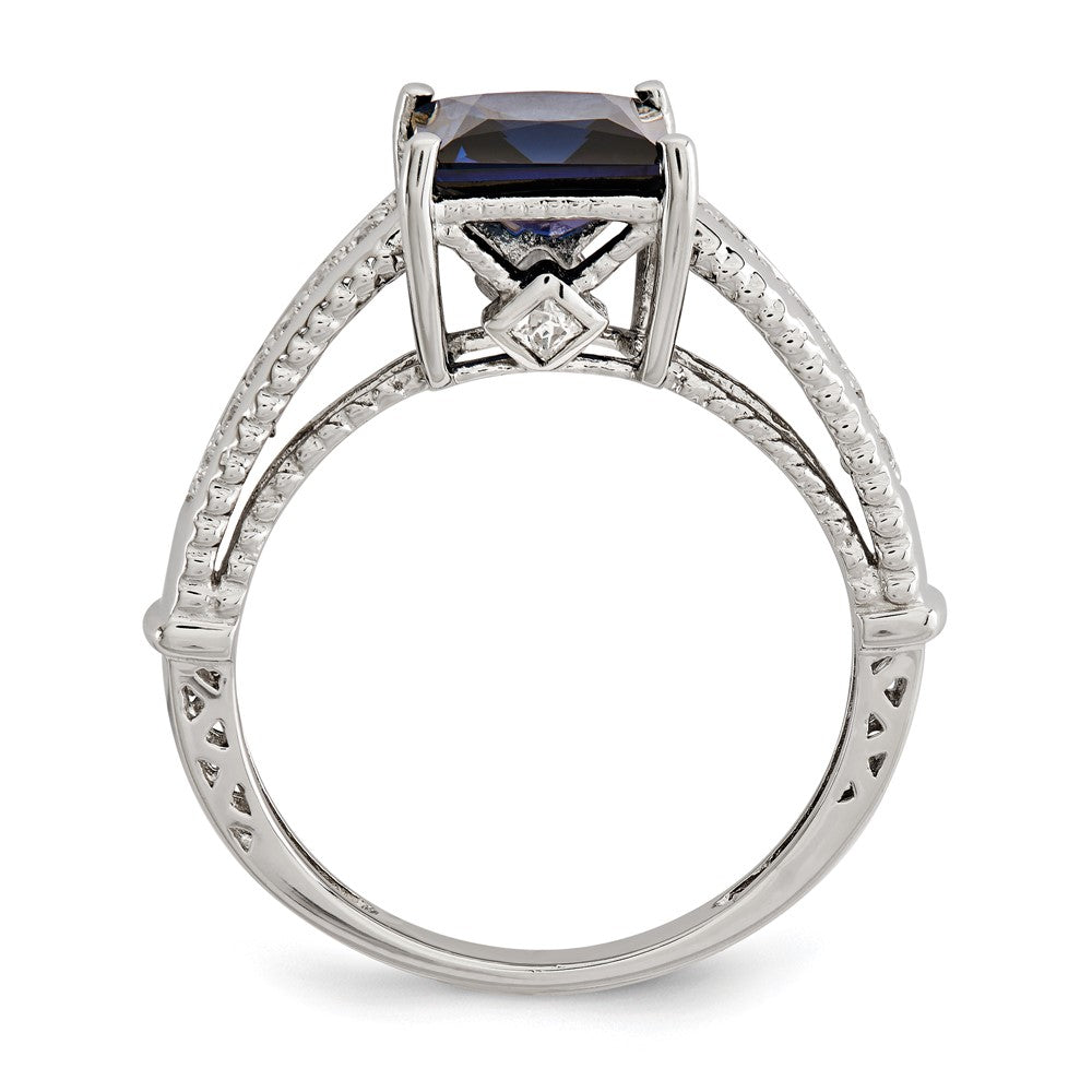 Sterling Silver Rhodium-plated Lab Created Blue Sapphire and CZ Ring