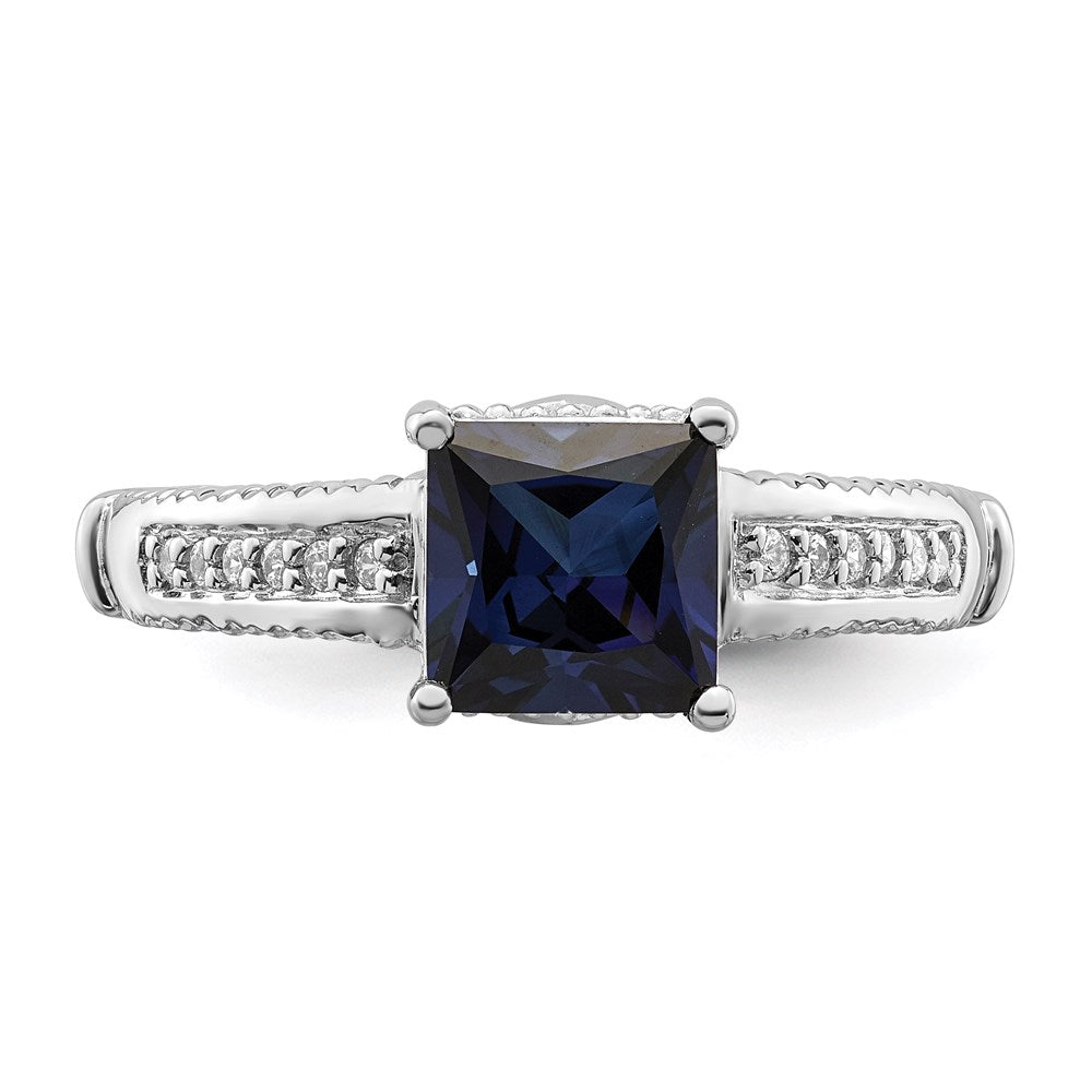 Sterling Silver Rhodium-plated Lab Created Blue Sapphire and CZ Ring