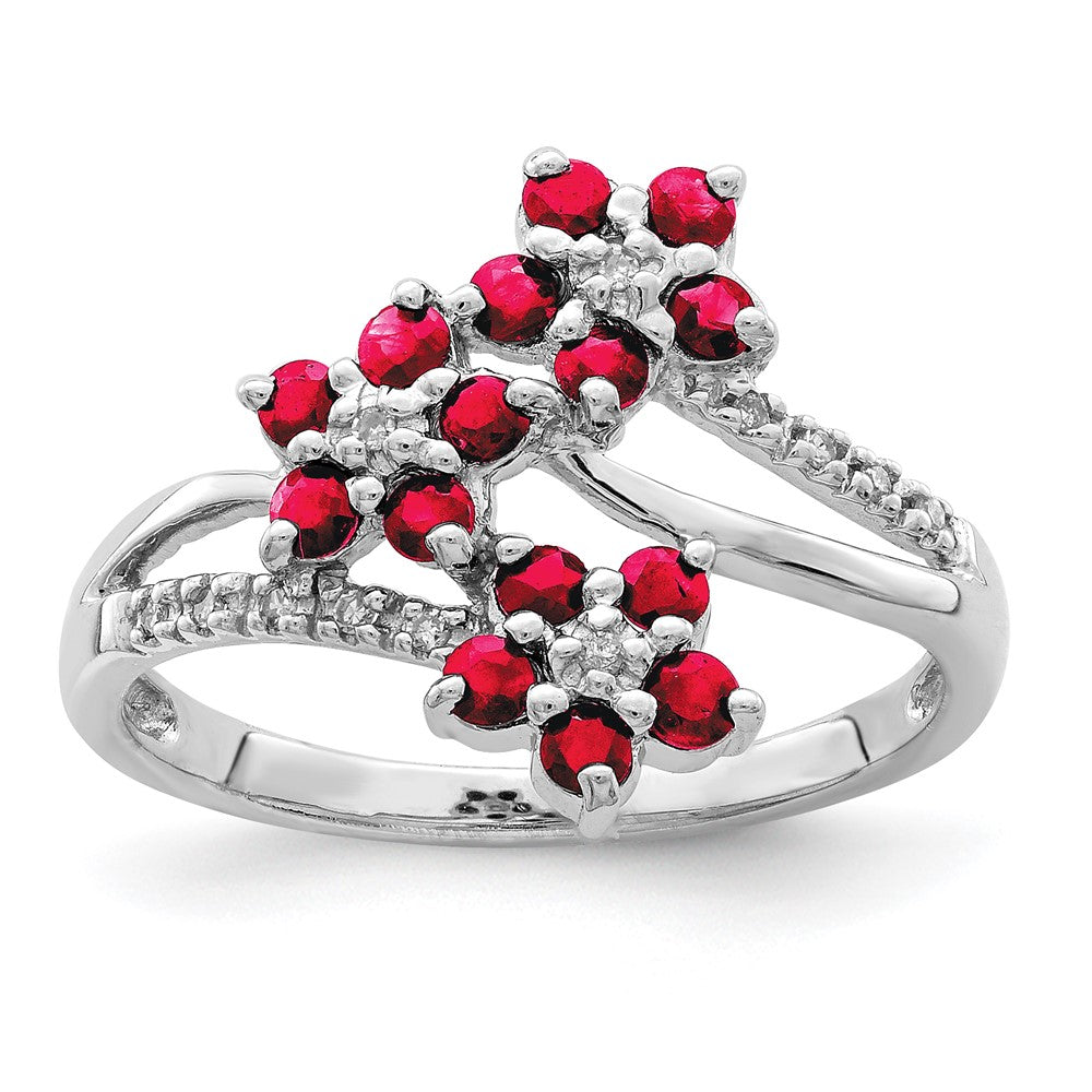 Sterling Silver Rhodium-plated 3 Flower Ruby and Diamond Ring