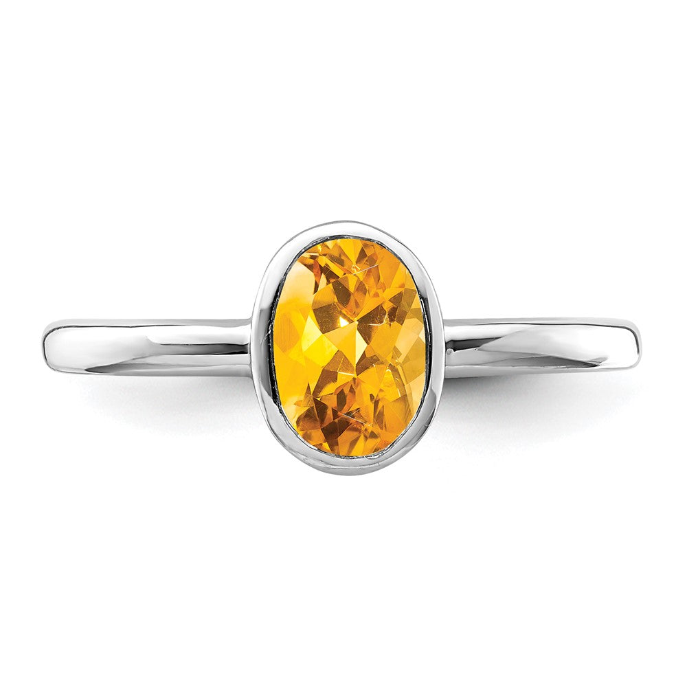 Sterling Silver Rhodium-plated Polished Citrine Oval Ring