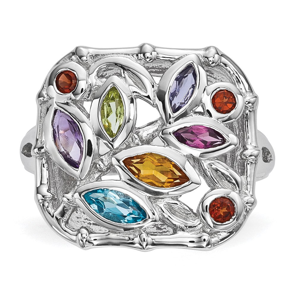 Sterling Silver Rhodium-plated Multi Gemstone Ring